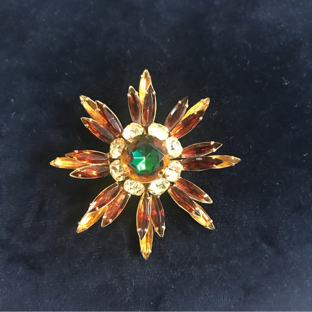 Dazzling 1960s RHINESTONE BROOCH Gold Tone w/ Amber, Clear, & Green Rhinestones